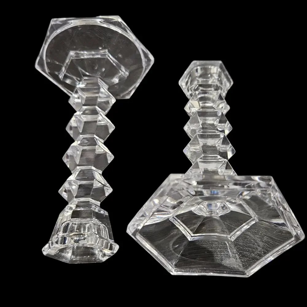 Vintage Clear Glass Candlestick Holders Pair Faceted Hexagon Art Deco 5.5